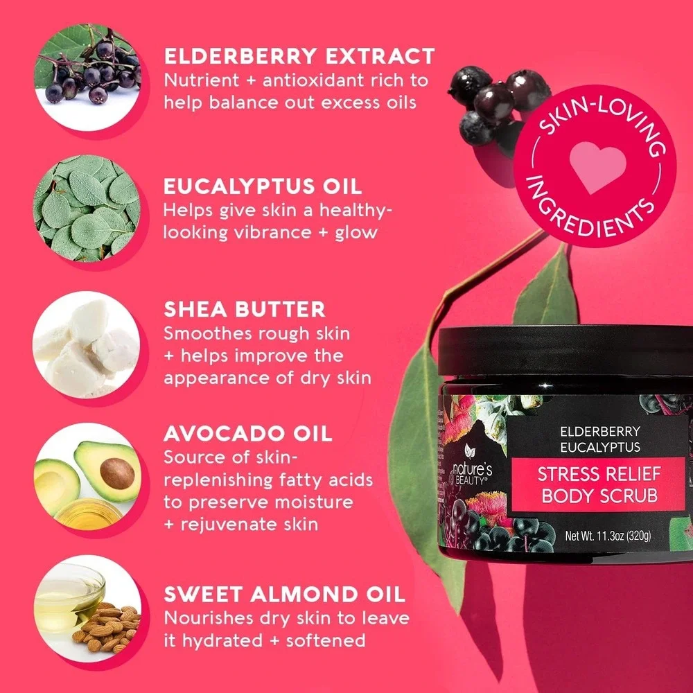 Nature's Beauty Elderberry Eucalyptus Body Scrub 11.3 oz Stress Relief New